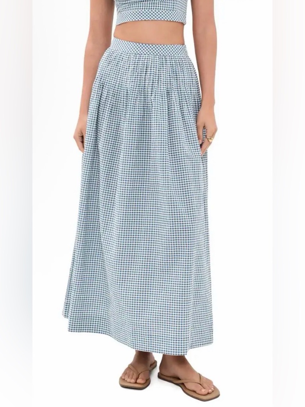Blue Gingham Maxi Skirt with Elastic Waist - Women